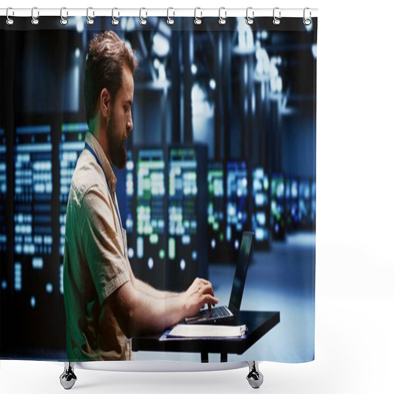 Personality  Computer Scientist Typing Cloud Computing Service Business Disaster Recovery Plan On Laptop To Provide Quick Restoration Of Service, Limiting Downtime And Minimizing Interruptions To Normal Operations Shower Curtains