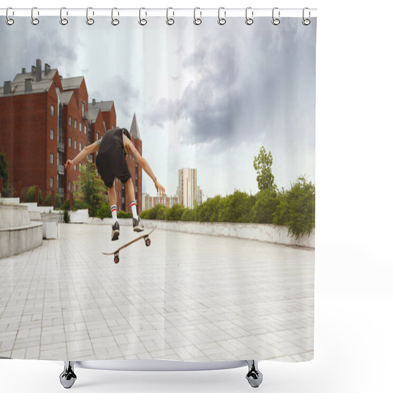 Personality  Skateboarder Doing A Trick At The Citys Street In Cloudly Day Shower Curtains