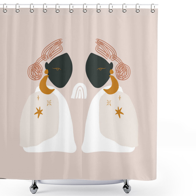 Personality  Modern Boho Pastel Terracotta Collage Line Drawing African Black Women Couple Twin Faces Hairstyle Fashion Beauty Minimalist Vector Illustration Modern Abstract Graphics Print Shower Curtains