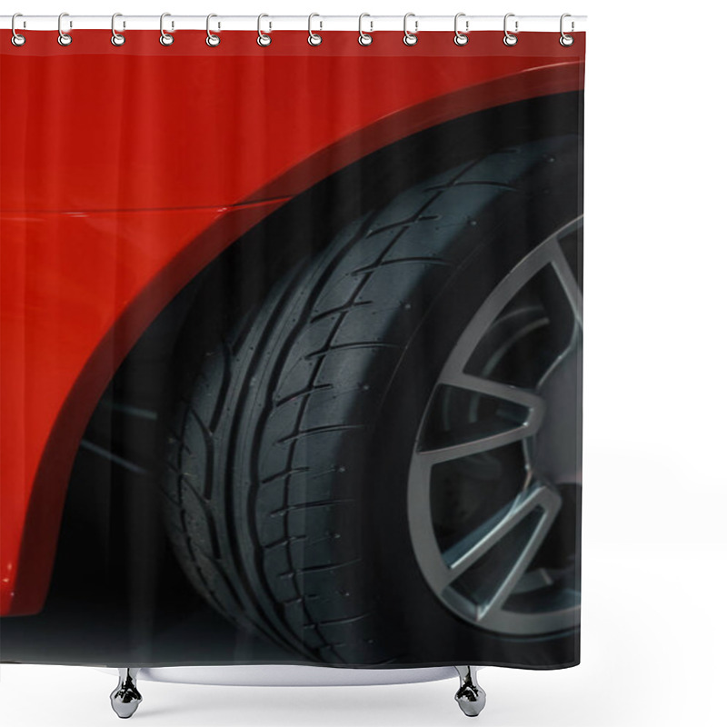 Personality  Cropped Shot Of Wheel Of Red Sport Car Shower Curtains