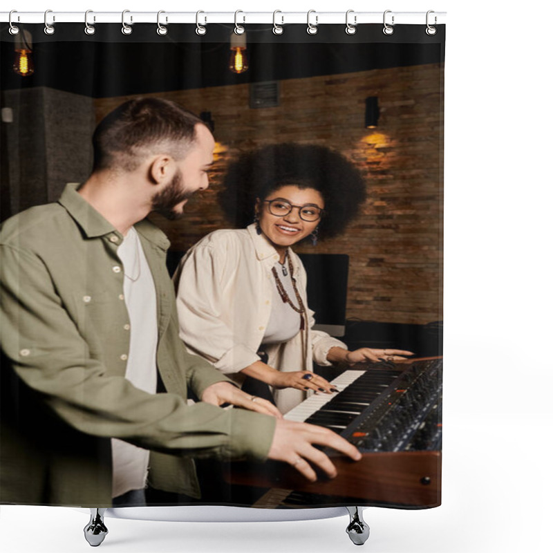 Personality  A Man And Woman Stand Beside A Keyboard In A Recording Studio, Immersed In Creating Music For Their Band Rehearsal. Shower Curtains