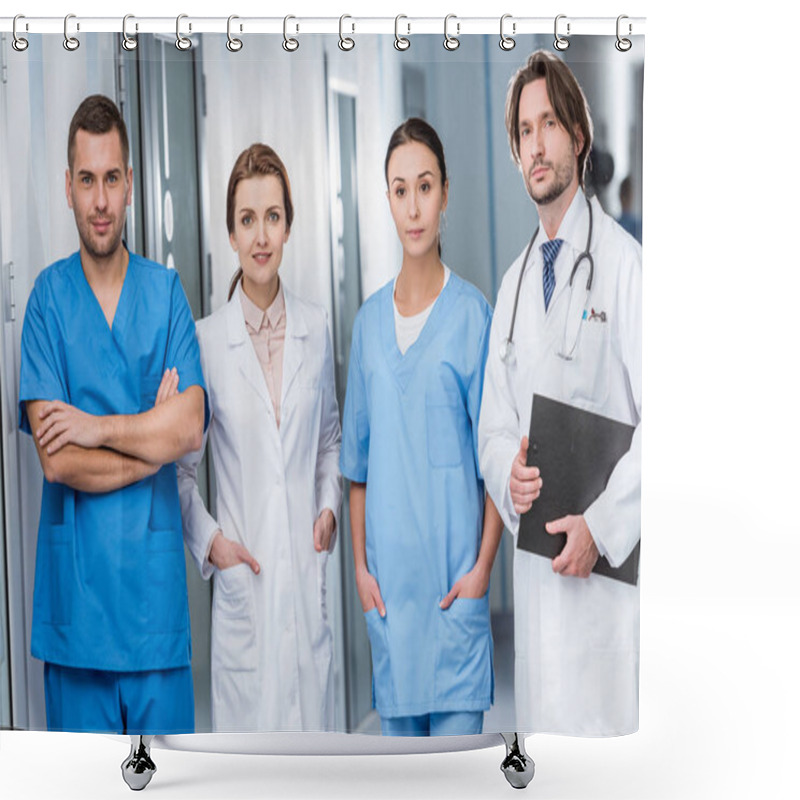 Personality  Doctors And Nurses In Blue Uniform Looking At Camera Shower Curtains