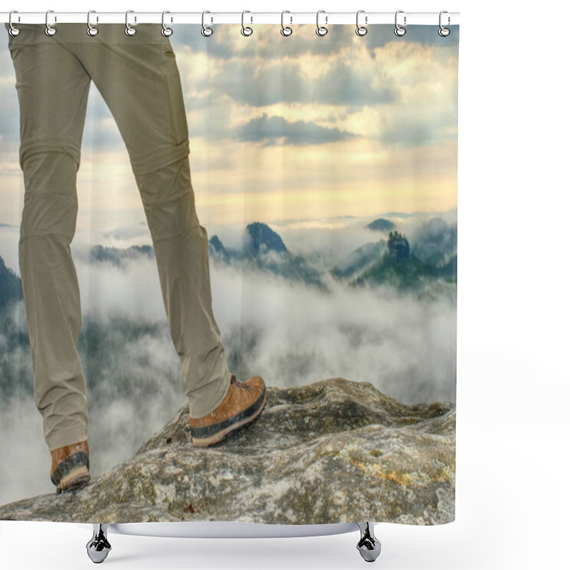 Personality  Hiker Legs In Light Outdoor Trousers And Comfortable Leather  Trekking Boots On Rocky Peak. Misty Valley Below Peak In Far Blurry Background. Hiking In Nature. Shower Curtains