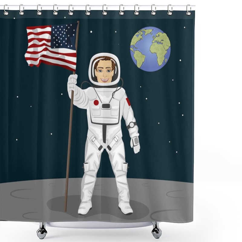 Personality  Young Astronaut Standing On The Moon Holding Usa Flag On The Backround Of Earth Shower Curtains