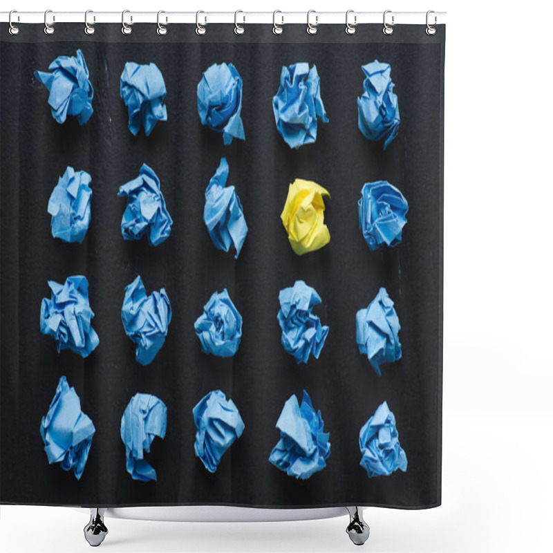 Personality  Top View Of Blue Crumpled Paper Balls With Yellow One On Black Background, Think Different Concept Shower Curtains