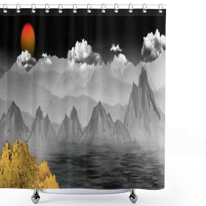 Personality  3d Illustration Mural Landscape Wallpaper. Golden, Black And Gray Mountains And Trees In Light Background. Sunset And White Clouds. Wall Home Decor Shower Curtains