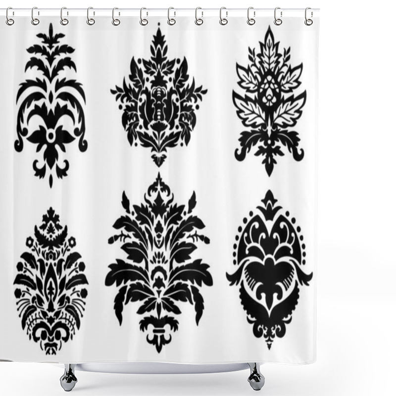 Personality  Silhouettes With Damask Motifs And Ornaments, Decorative Prints. Isolated Arabesque Classic Decorative Element, Oriental Or Baroque Botany. Flowers And Foliage With Leaves. Vector In Flat Style Shower Curtains