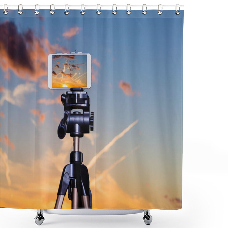 Personality  Smartphone On Tripod Capturing Image Of Stunning Sundown Shower Curtains