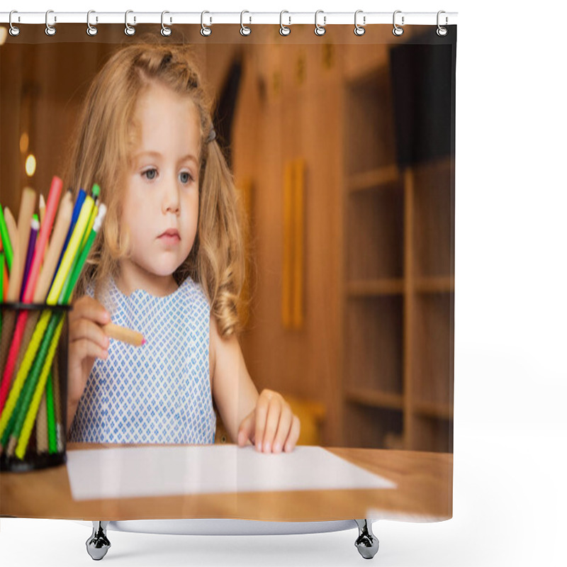 Personality  Adorable Child Holding Felt Pen For Drawing In Kindergarten, Pen Holder With Felt Tip Pens On Tabletop Shower Curtains