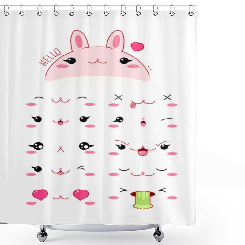 Personality  Cute Funny Rabbit Set Various Emotions. Kawaii Style Emoticon Icon Set With Pink Cheeks And Winking Eyes. EPS8 Shower Curtains