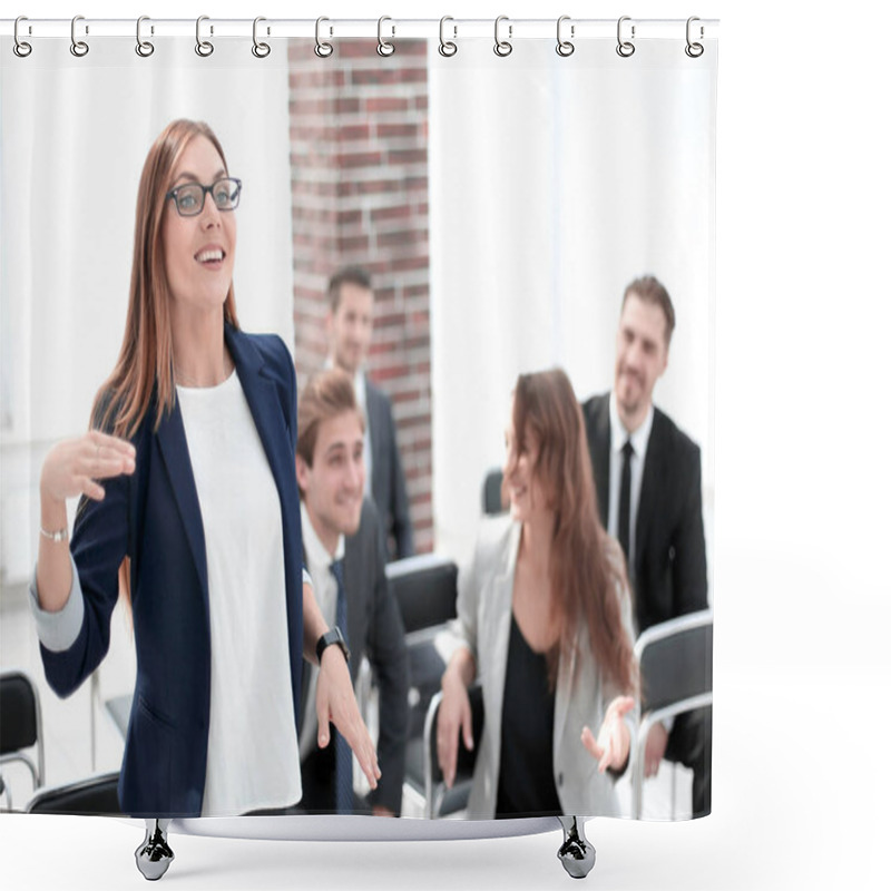 Personality  Team At Office Meeting, Friendly Executive Discussing Good News  Shower Curtains