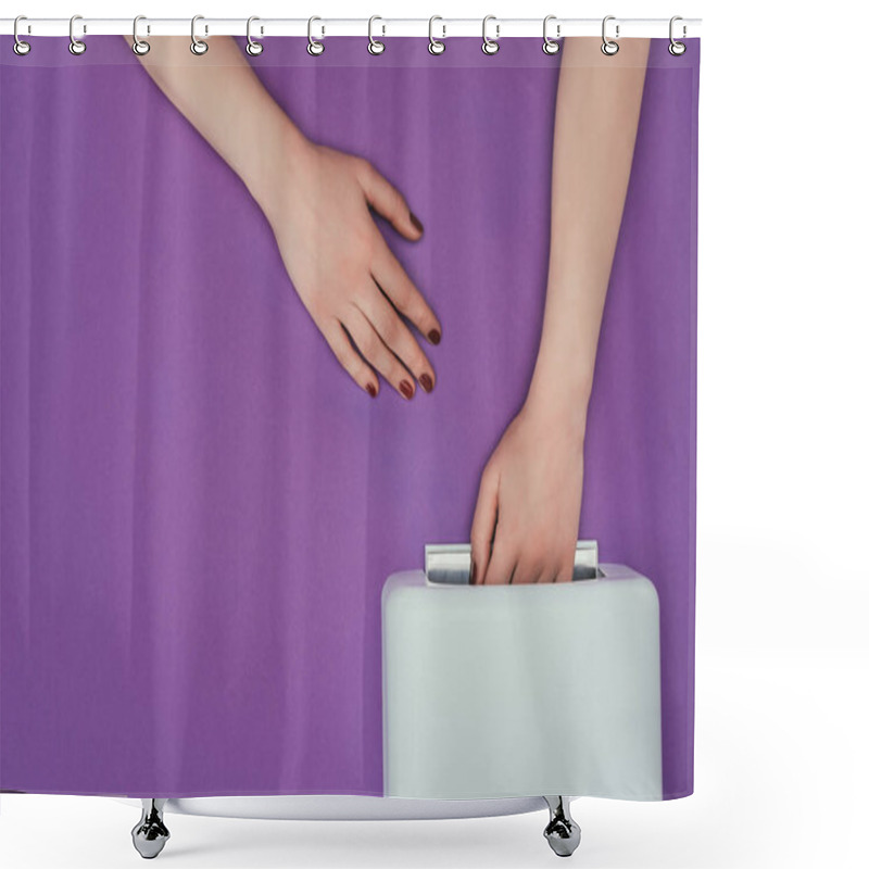 Personality  Cropped Image Of Woman Holding Hand In Uv Lamp Isolated On Purple Shower Curtains