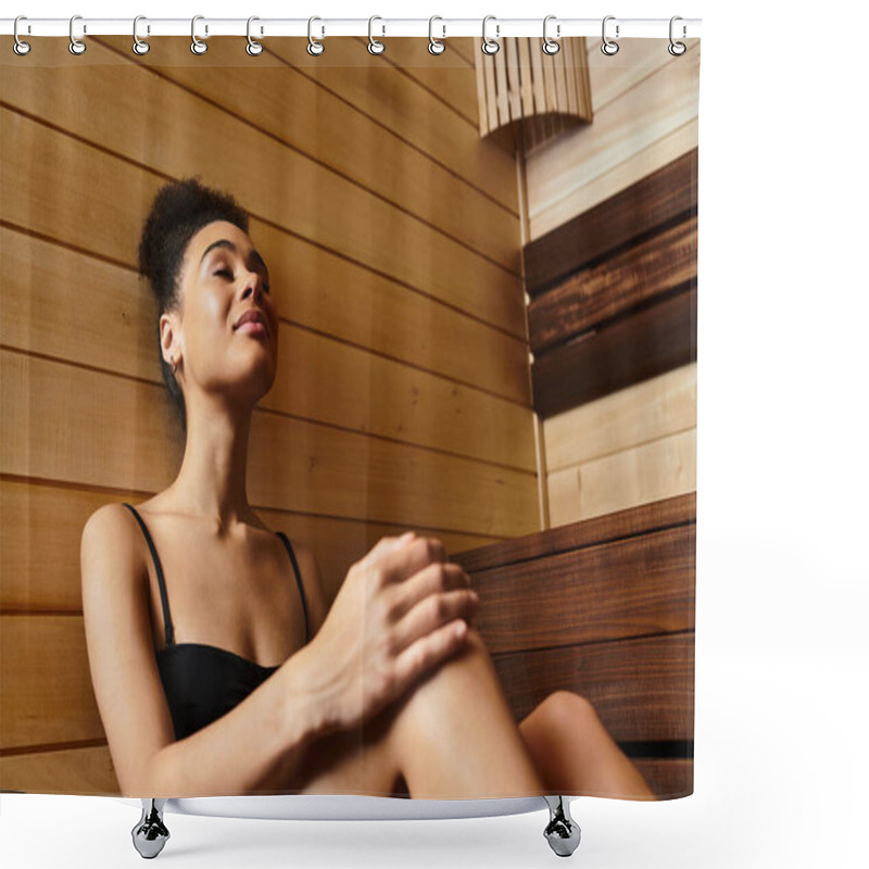 Personality  A Young Woman Enjoys A Moment Of Bliss In A Cozy Spa, Surrounded By Soothing Wood And Warmth. Shower Curtains