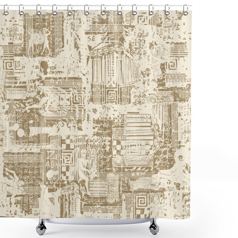 Personality  Seamless Pattern On The Theme Of Ancient Greece In Grunge Style. Abstract Vector Background With Sketches And Illegible Scribbles Imitating Greek Text In Beige Colors. Wallpaper, Wrapping Paper Fabric Shower Curtains