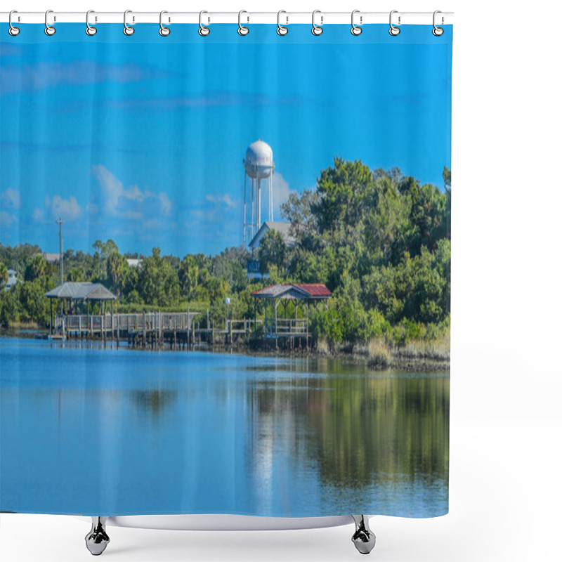 Personality  The Cedar Key Water Tower And Fishing Pier On The Island City Of Cedar Key, Levy County, Florida Shower Curtains