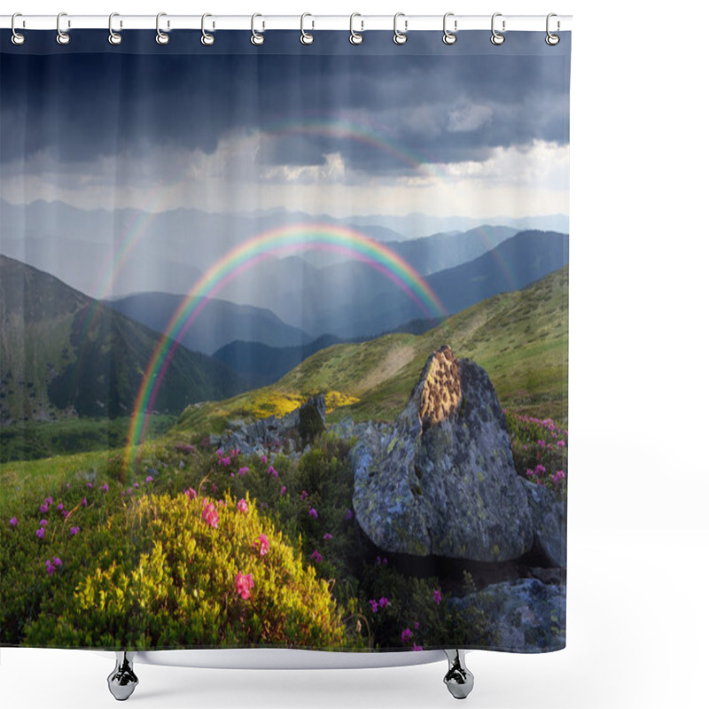 Personality  Summer Landscape With Rainbow And Flowers In The Mountains Shower Curtains