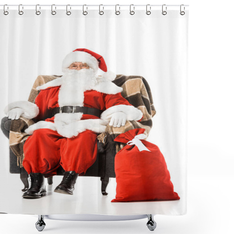 Personality  Santa Claus Sitting In Armchair And Looking At Camera Isolated On White Shower Curtains