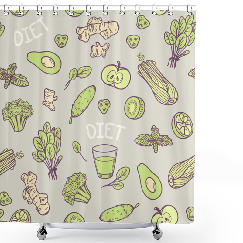 Personality  Hand Drawn Green Vegetables Seamless Pattern In Vector.  Healthy Eating Background Shower Curtains