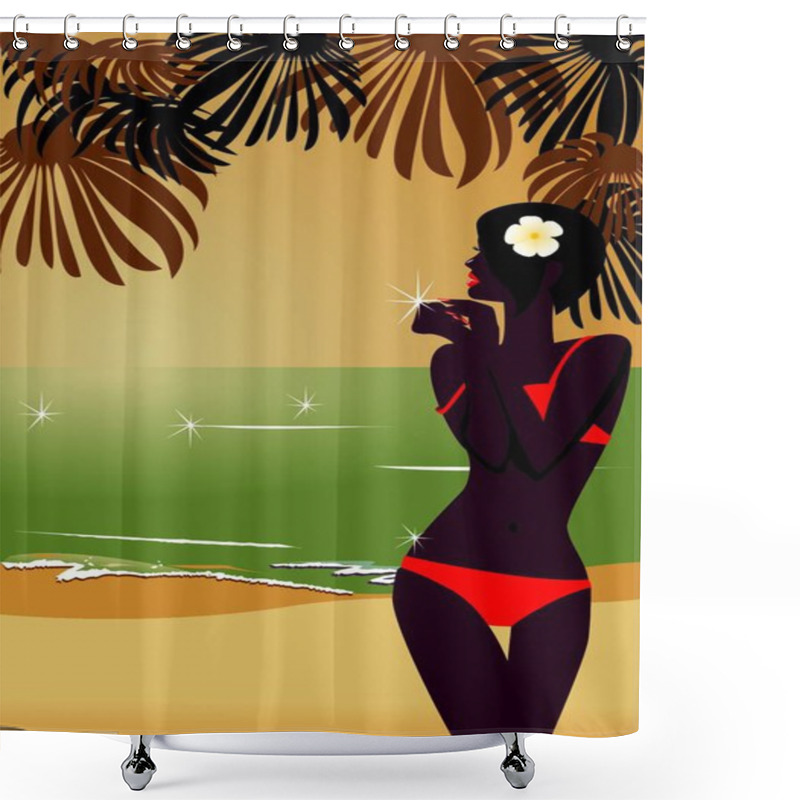 Personality  Girl`s Silhouette On Sunset Tropic Beach Shower Curtains