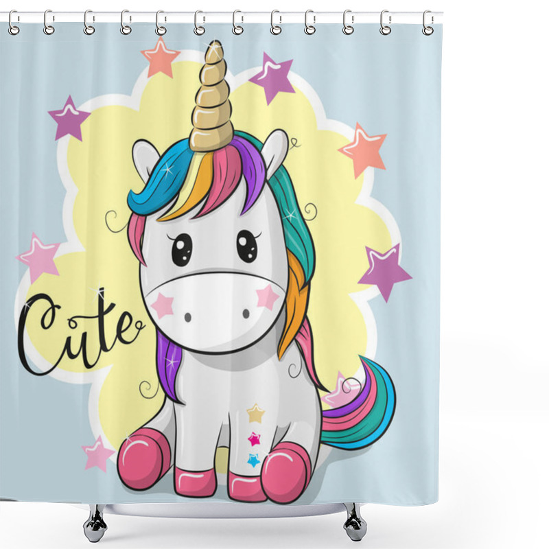 Personality  Cartoon Unicorn Isolated On A Blue Background Shower Curtains