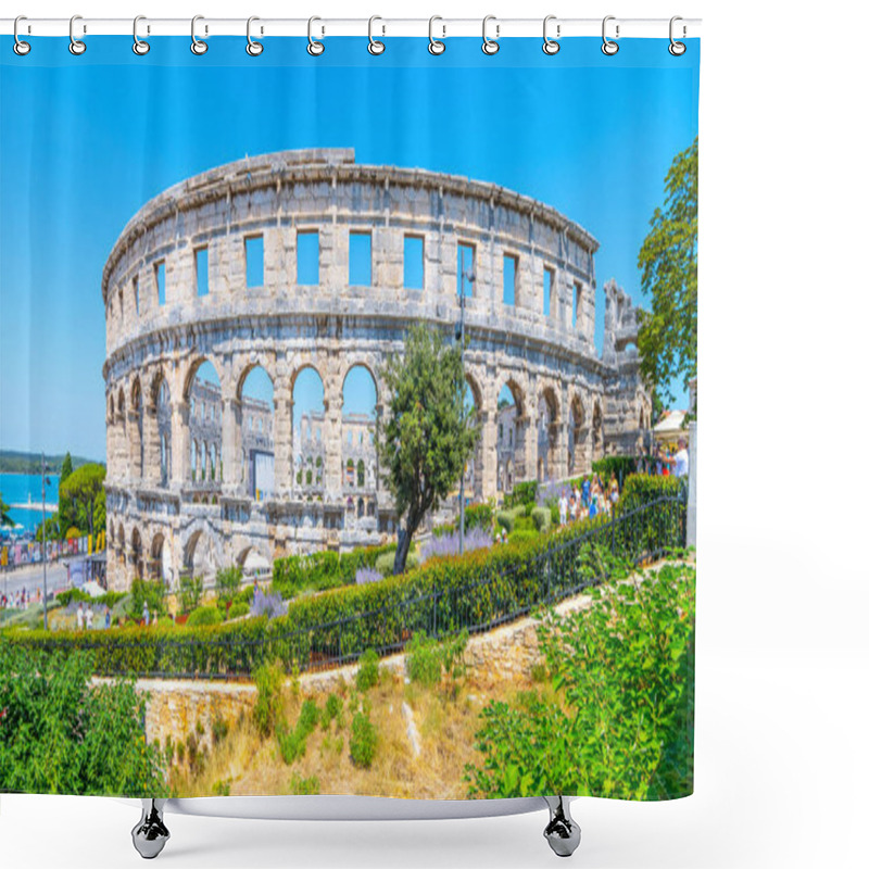 Personality  Tourists Admire The Stunning Roman Amphitheatre In Pula On A Sunny Day. Surrounded By Lush Greenery, The Ancient Structure Stands Out Against The Blue Sky And Sea. Shower Curtains