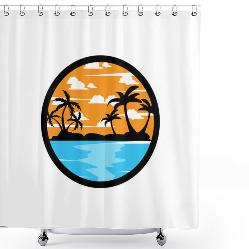 Personality  Vector Beach Logo Template With Sunset, Coconut Trees, Fishing Boats, Sailboats, And Flying Birds, Ocean Waves, Retro Circle Design Concept Shower Curtains