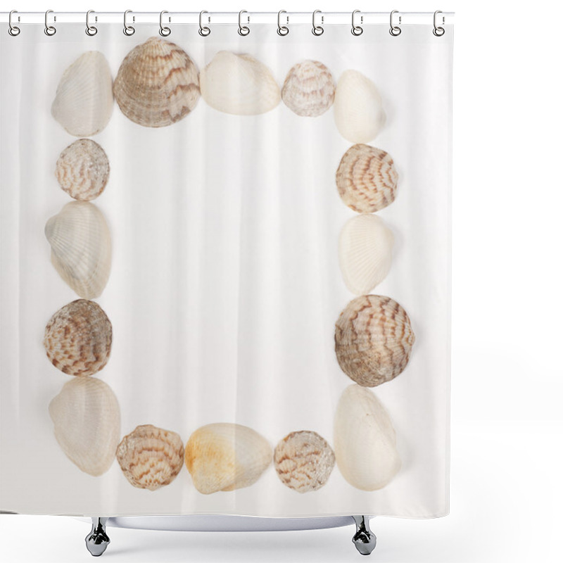 Personality  Square Frame Made From Sea Shells On White Shower Curtains