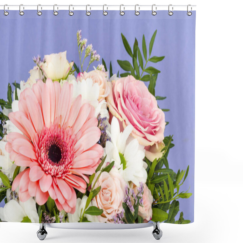 Personality  Bouquet Of Bright Beautiful Flowers On Blue Background. Studio Photo Shower Curtains