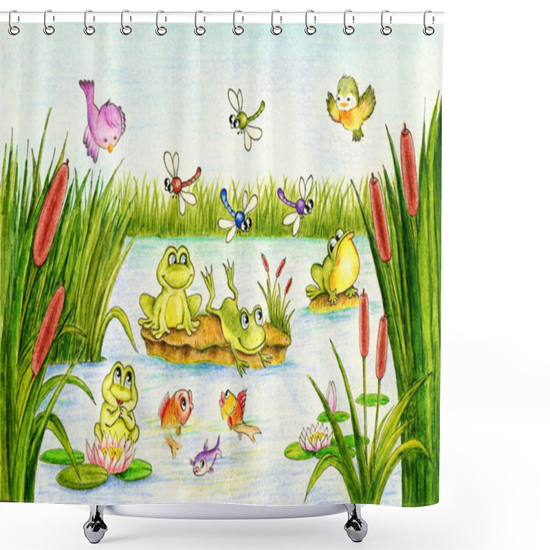 Personality  Frogs And Fish In Pond Shower Curtains