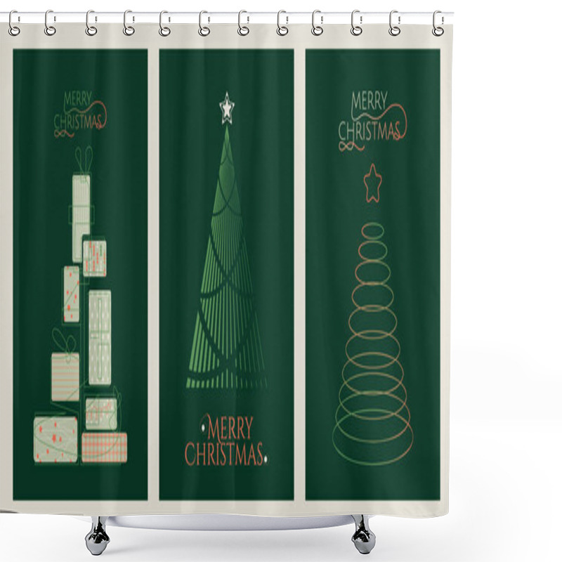 Personality  Merry Christmas Greeting Card Set. Modern Green Christmas Invitation Or Postcard Template With Abstract Christmas Trees. Vector Minimalist Illustration New Year Holiday Greeting For Posters, Banners. Shower Curtains