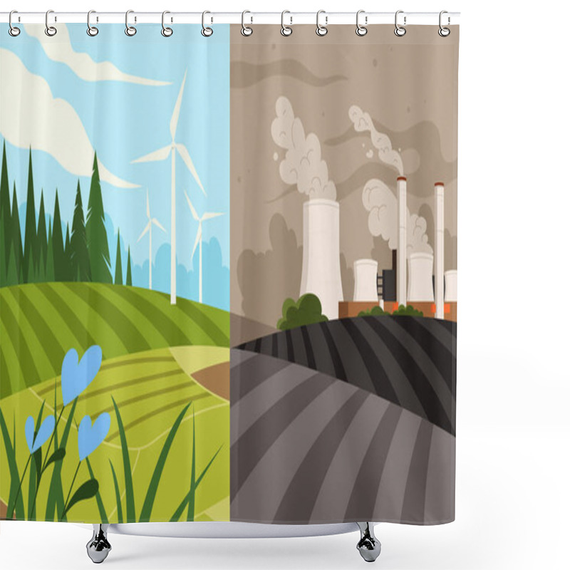 Personality  Save Earth Concept. Comparsion Of Sustainable Ebnergy And Fuel Electricity. Wind Mills Versus Plants With Gasoline. Care About Nature And Environment, Ecosystem. Cartoon Flat Vector Illustration Shower Curtains