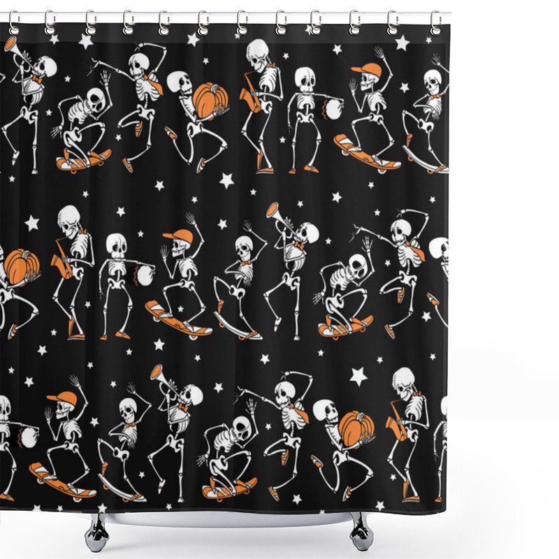 Personality  Vector Black, Orange Dancing And Skateboarding Skeletons Haloween Repeat Pattern Background. Great For Spooky Fun Party Themed Fabric, Gifts, Giftwrap. Shower Curtains