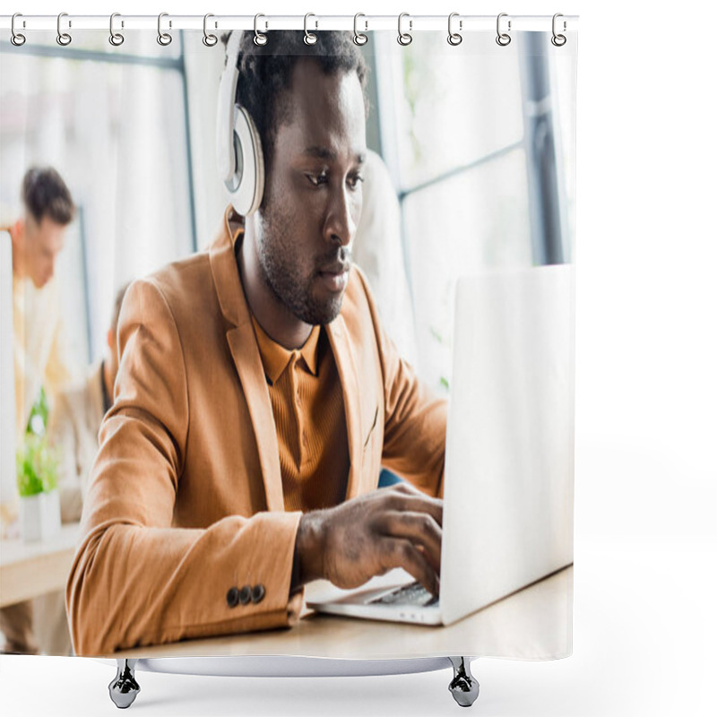 Personality  Handsome African American Businessman In Headphones Using Laptop Shower Curtains