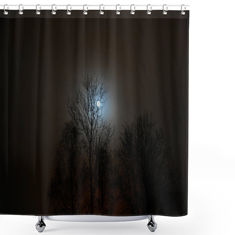 Personality  Full Moon Trough Tree Branches A Misty Night In October Shower Curtains