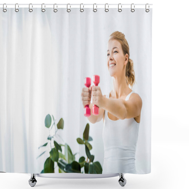 Personality  Attractive Woman In Sportswear Smiling And Doing Exercise With Dumbbells At Home Shower Curtains