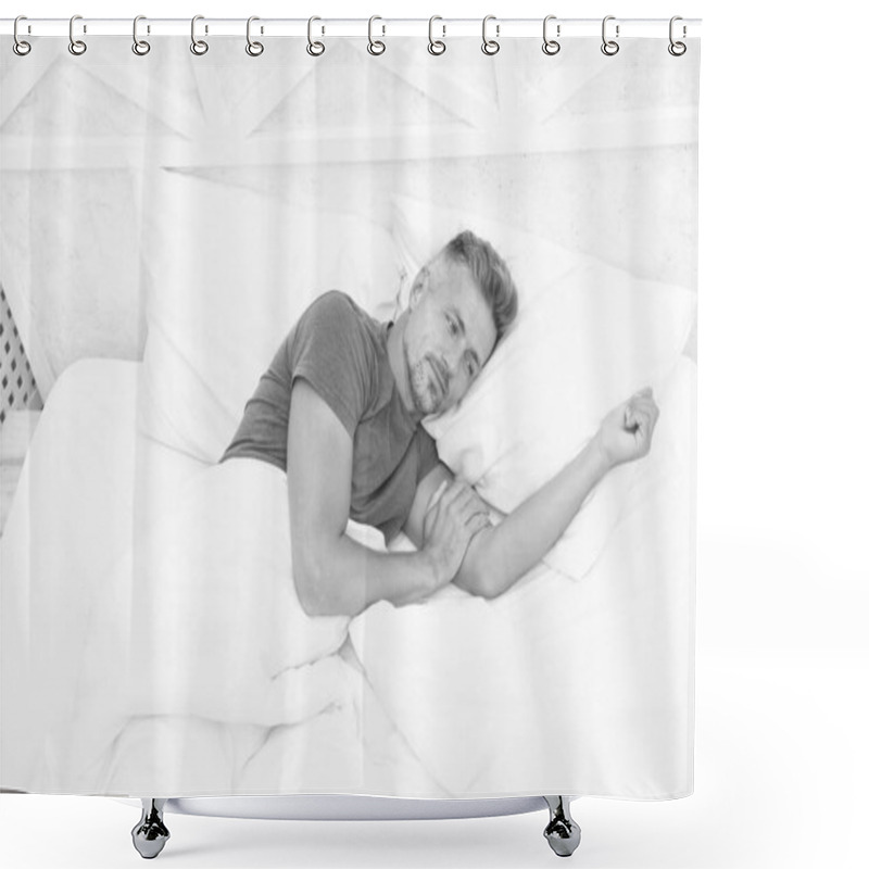 Personality  Perfect Morning Awakening. Better Sleep Better Life. World Sleep Day. Benefits Of Good Healthy Sleep. Breathe Easily Sleep Well. Handsome Man In Bed. Feeling Good At Home. Happy Satisfied Person Shower Curtains