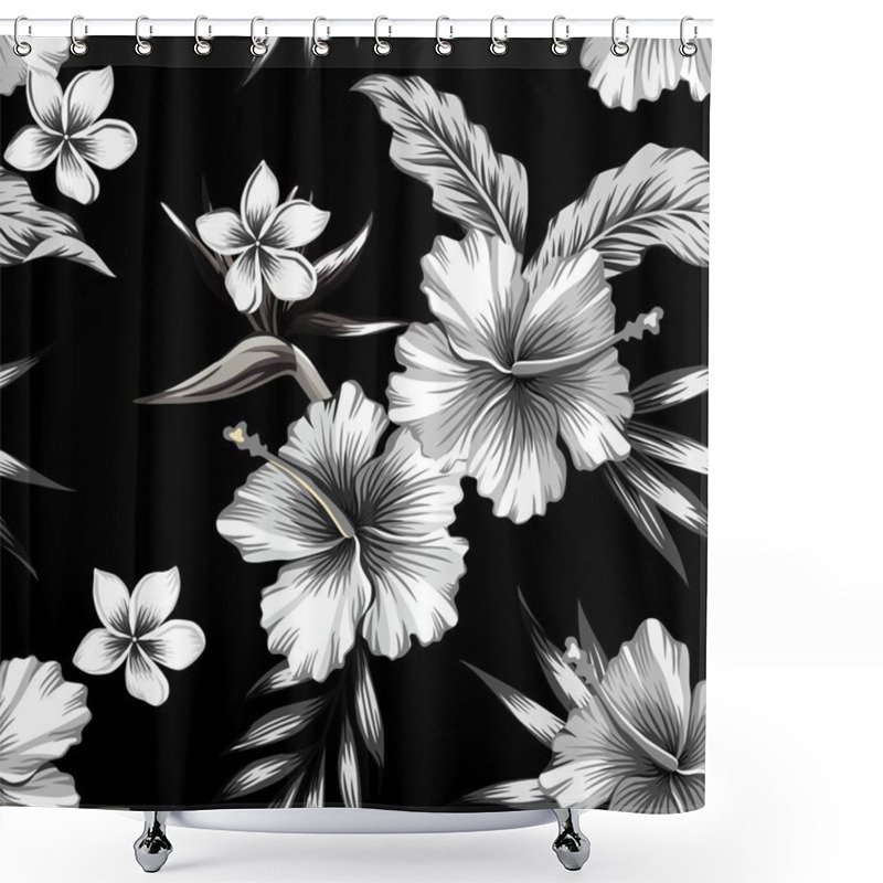 Personality  Hibiscus And Palm Leaves Tropical Seamless Background Shower Curtains