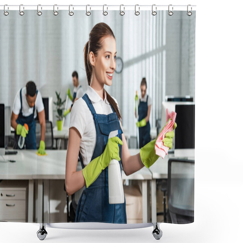 Personality  Happy, Attractive Cleaner Holding Detergent Spray And Rag While Standing Near Multicultural Colleagues Shower Curtains