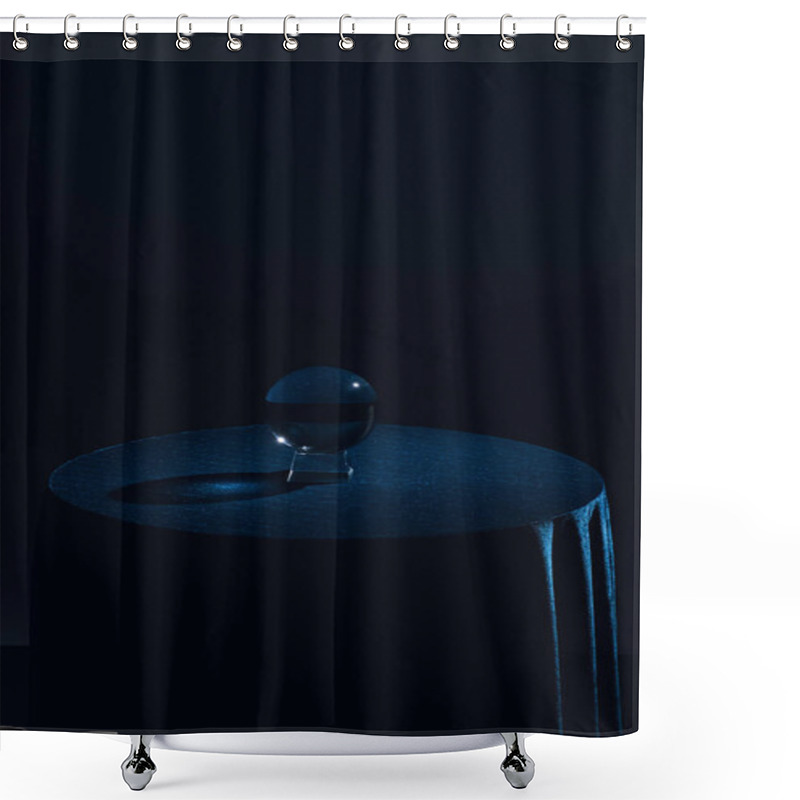 Personality  Crystal Ball On Round Table With Dark Blue Tablecloth On Black Background Shower Curtains