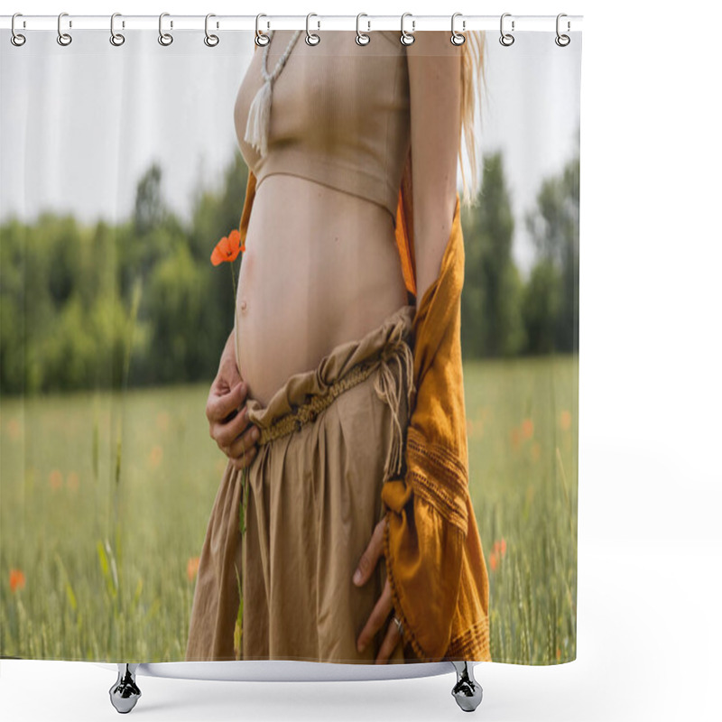 Personality  Cropped View Of Pregnant Woman Holding Poppy Flower In Blurred Field  Shower Curtains