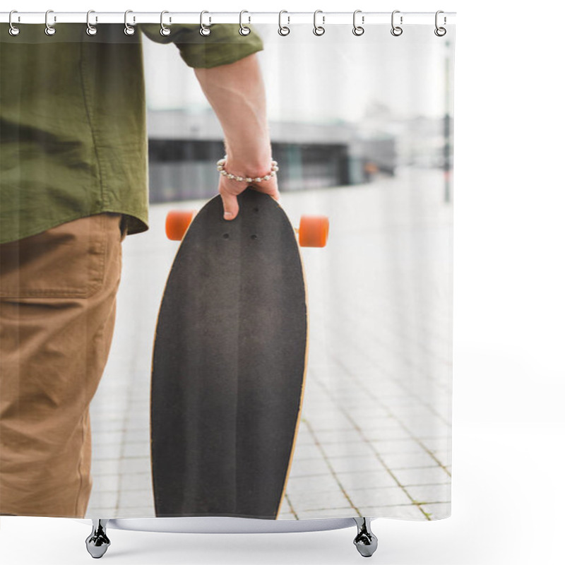 Personality  Cropped View Of Man In Casual Wear Standing With Skateboard In Hand Shower Curtains