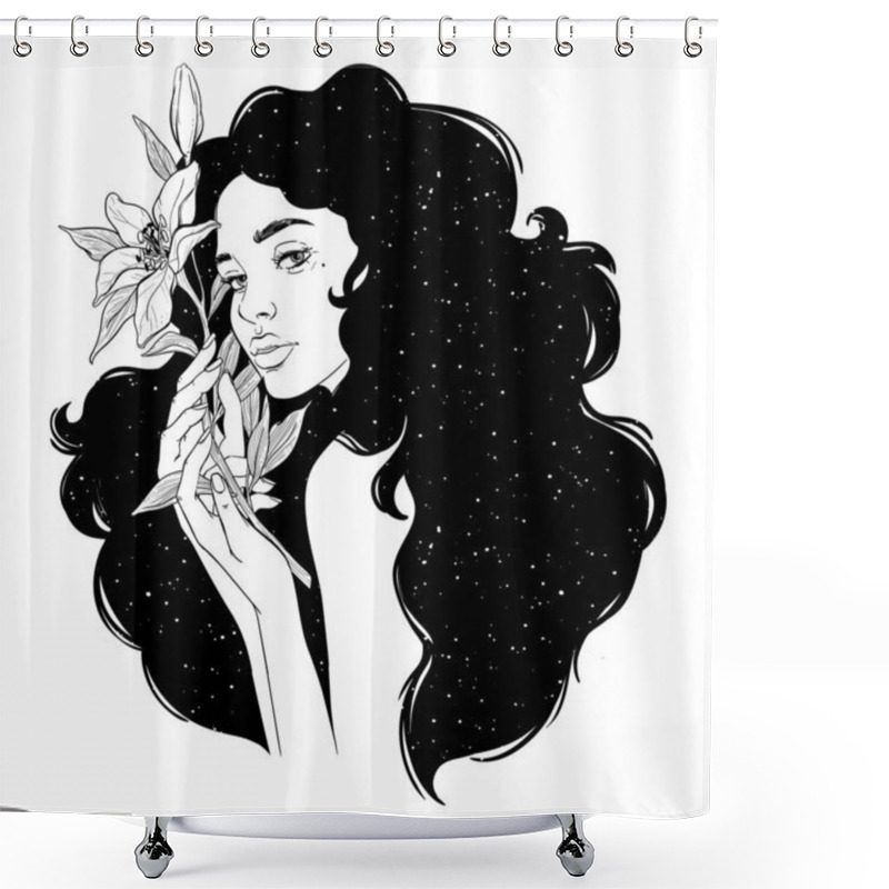 Personality  Portrait Of Beautiful Woman With Flowers. Black And White Ink Illustration. Shower Curtains