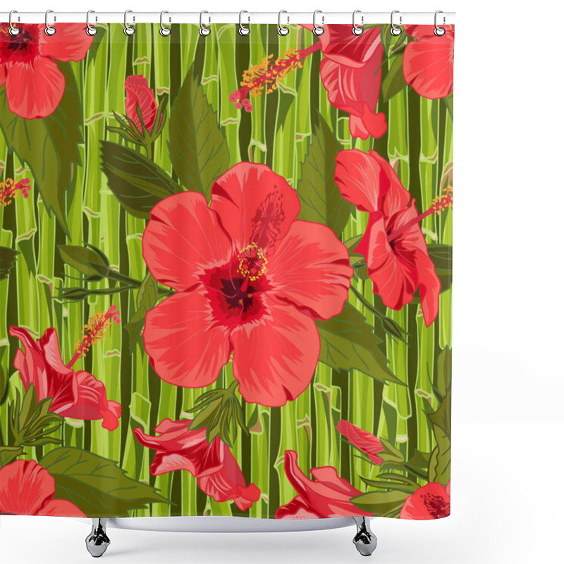 Personality  Seamless Hand Drawn Tropical Pattern With Jungle Exotic Hibiscus Flower On Bamboo Background Shower Curtains