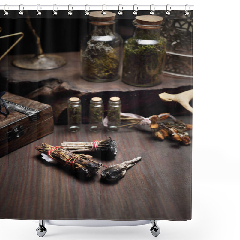 Personality  Divination And Spells. Incense With White Sage And Cedar Herbs. Shower Curtains