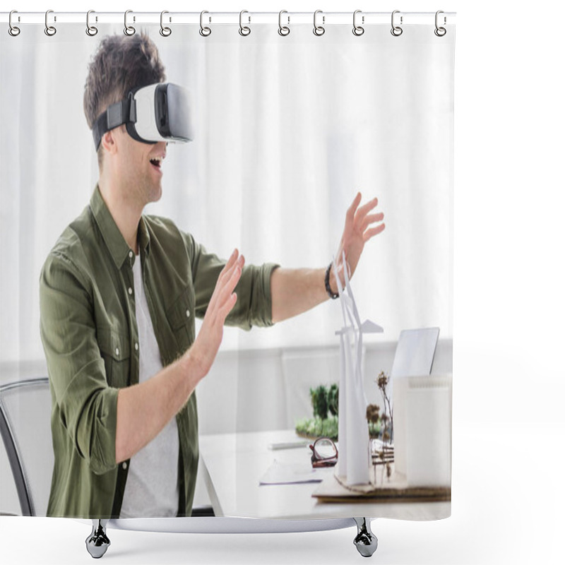 Personality  Architect In Virtual Reality Headset Sitting At Table With Windmills, Buildings And Trees Models In Office Shower Curtains