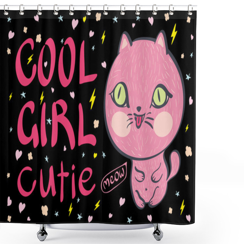 Personality  Cool Girl Cutie Little Pink Cat Vector Illustration Shower Curtains