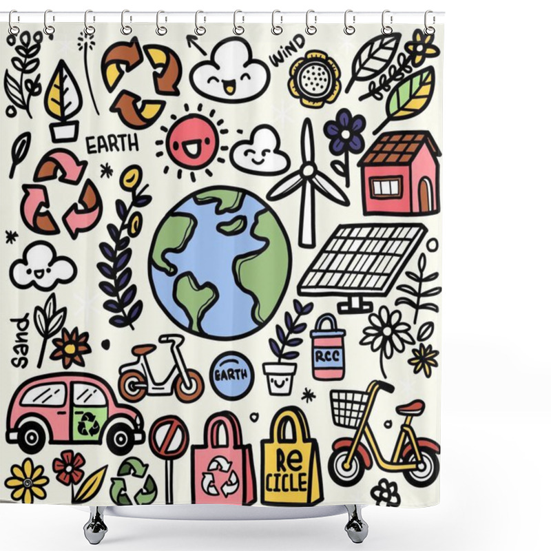 Personality  Hand Drawn Doodle Style Illustration Featuring Eco Lifestyle Themes Like Recycling, Renewable Energy, Bicycles, Wind Turbines, Solar Panels, And A Happy Earth Surrounded By Nature. Shower Curtains