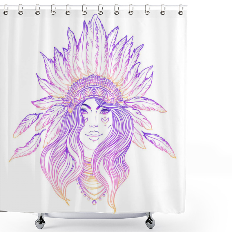 Personality  Tribal Fusion Boho Diva. Black And White Illustration Of Native American Indian Girl In Traditional Feather Headdress Bonnet. Adult Anti-stress Coloring Book Page. Shower Curtains