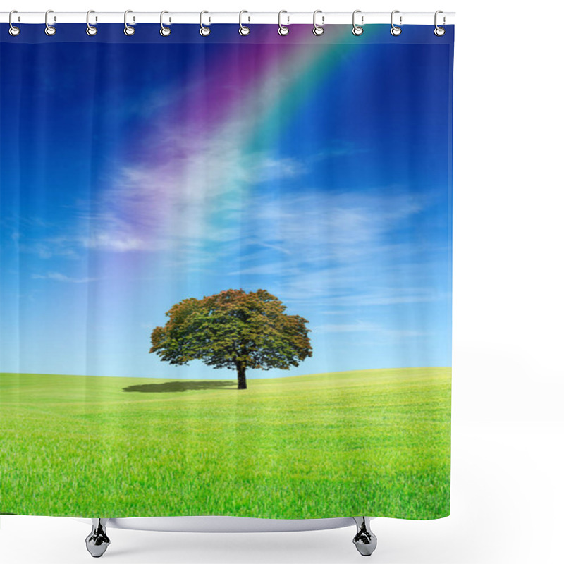 Personality  Idyllic View, Lonely Tree With Rainbow On Green Field Shower Curtains