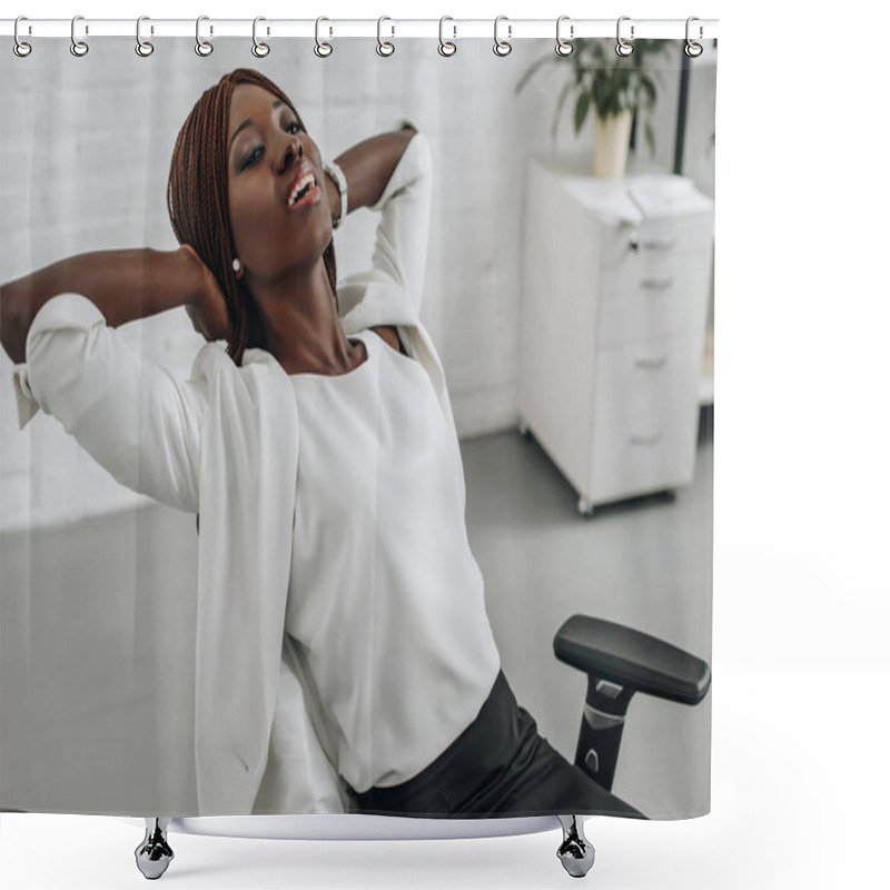 Personality  Smiling African American Adult Businesswoman In White Formal Wear With Hands Behind Head Sitting And Relaxing At Modern Office Shower Curtains